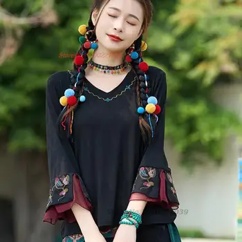 2023 ķīnas vintage krekls sievietēm, valsts ziedu izšuvumi brīvs krekls ar v-veida kakla pamatnes krekls austrumu etniskā mežģīņu piedurknēm tautas krekls