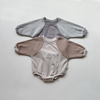 Rudens Bērnu Bodysuit Kontrasta Krāsā Ar Garām Piedurknēm Zēniem, Apģērbu Vafeļu Toddler Viens Gabals